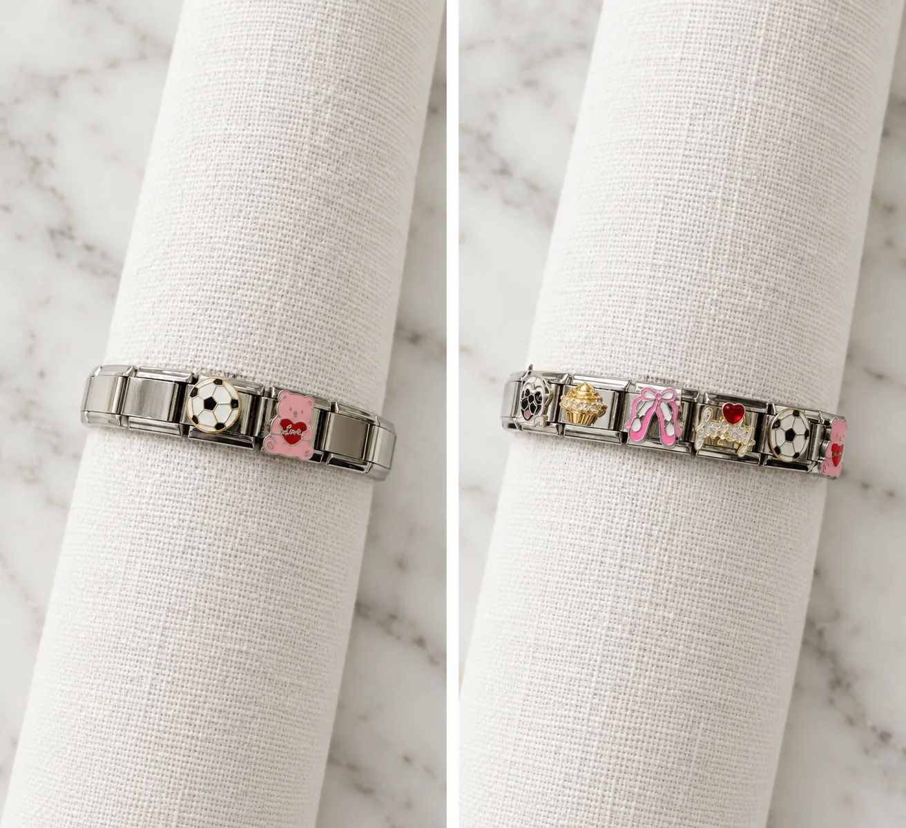 A stainless steel bracelet with two charms, then the same bracelet grown to six charms